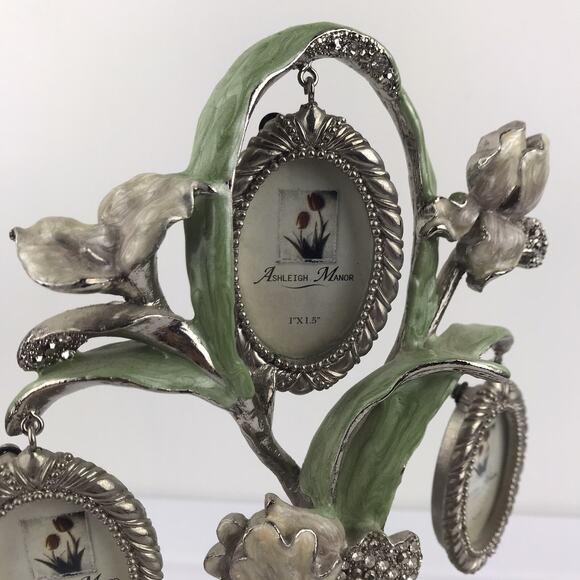 Ashleigh Manor 5 Frame Family Photo Tree Pewter Rhinestone Enamel Floral Flower - Picture 2 of 16